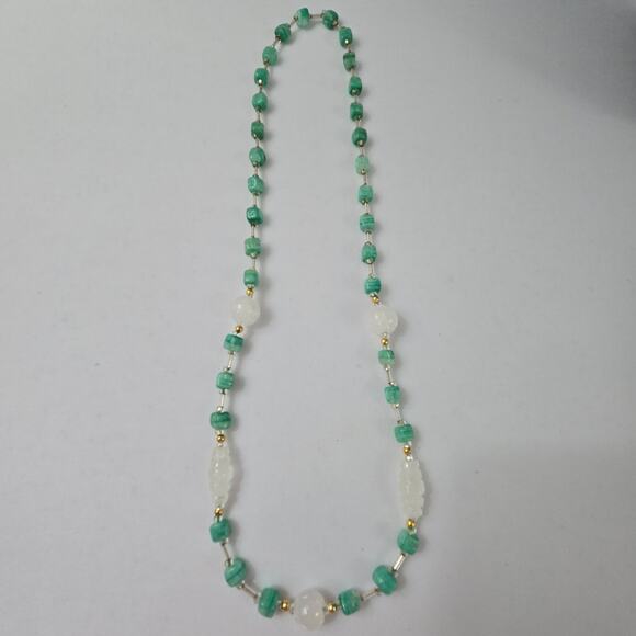 Glass Beaded Necklace with Square Sea Green Beads & White Glass Cut Beads - Picture 3 of 11